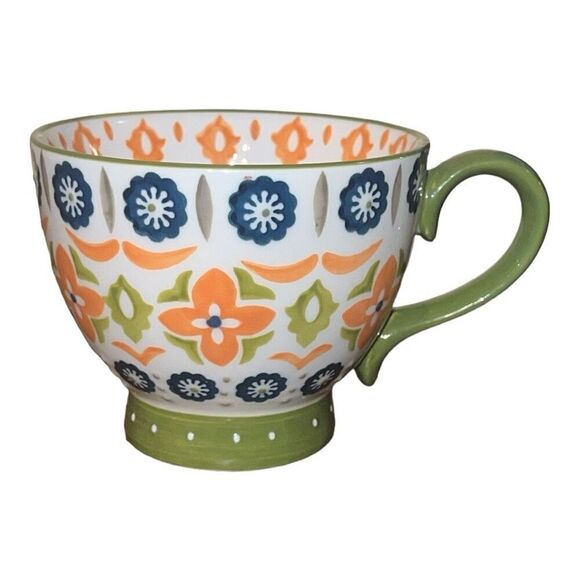 Turkish Floral Design Raised Relief Stoneware Footed Coffee Mug Cup 14oz - Picture 1 of 3